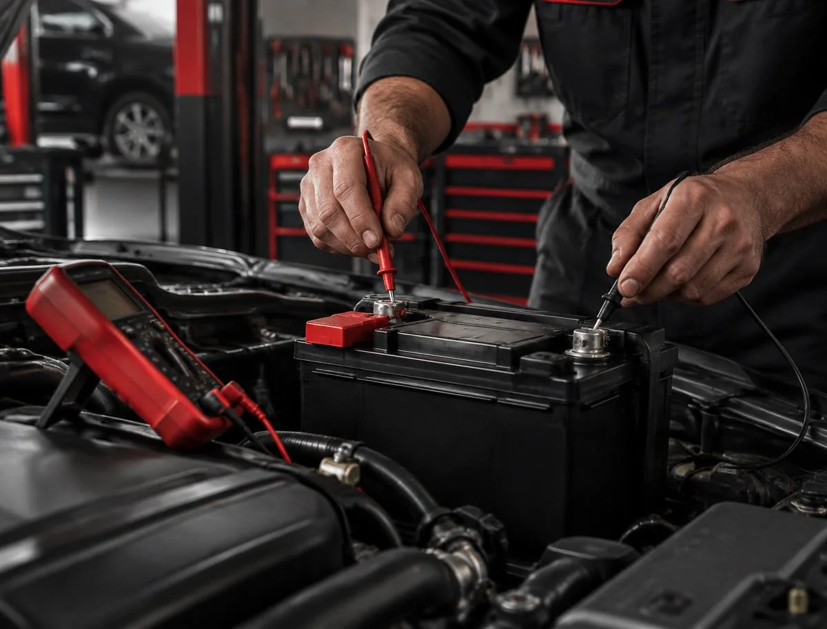 Profissional testando uma bateria automotiva com equipamento de medição