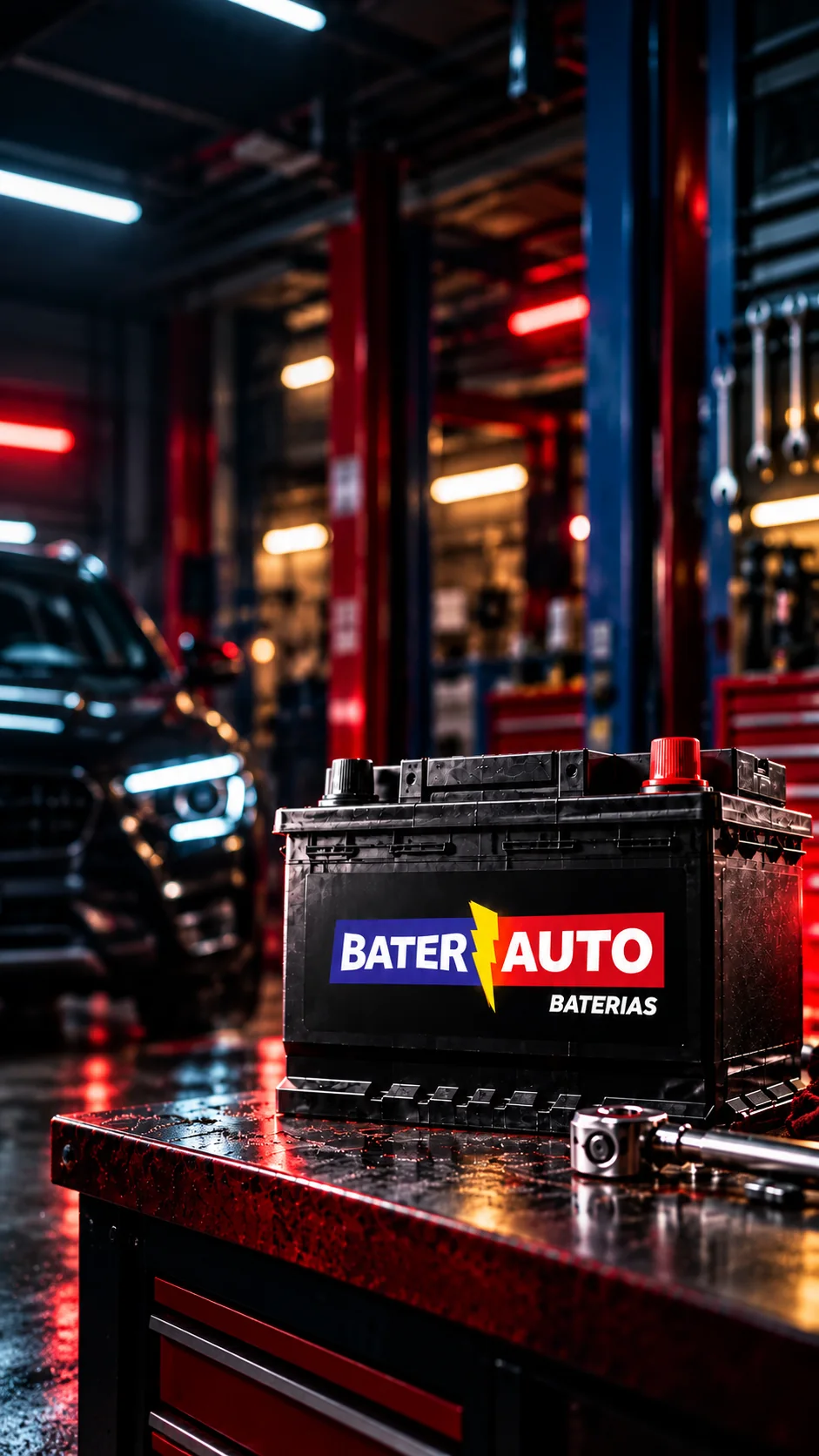 Bateria automotiva em oficina mecânica